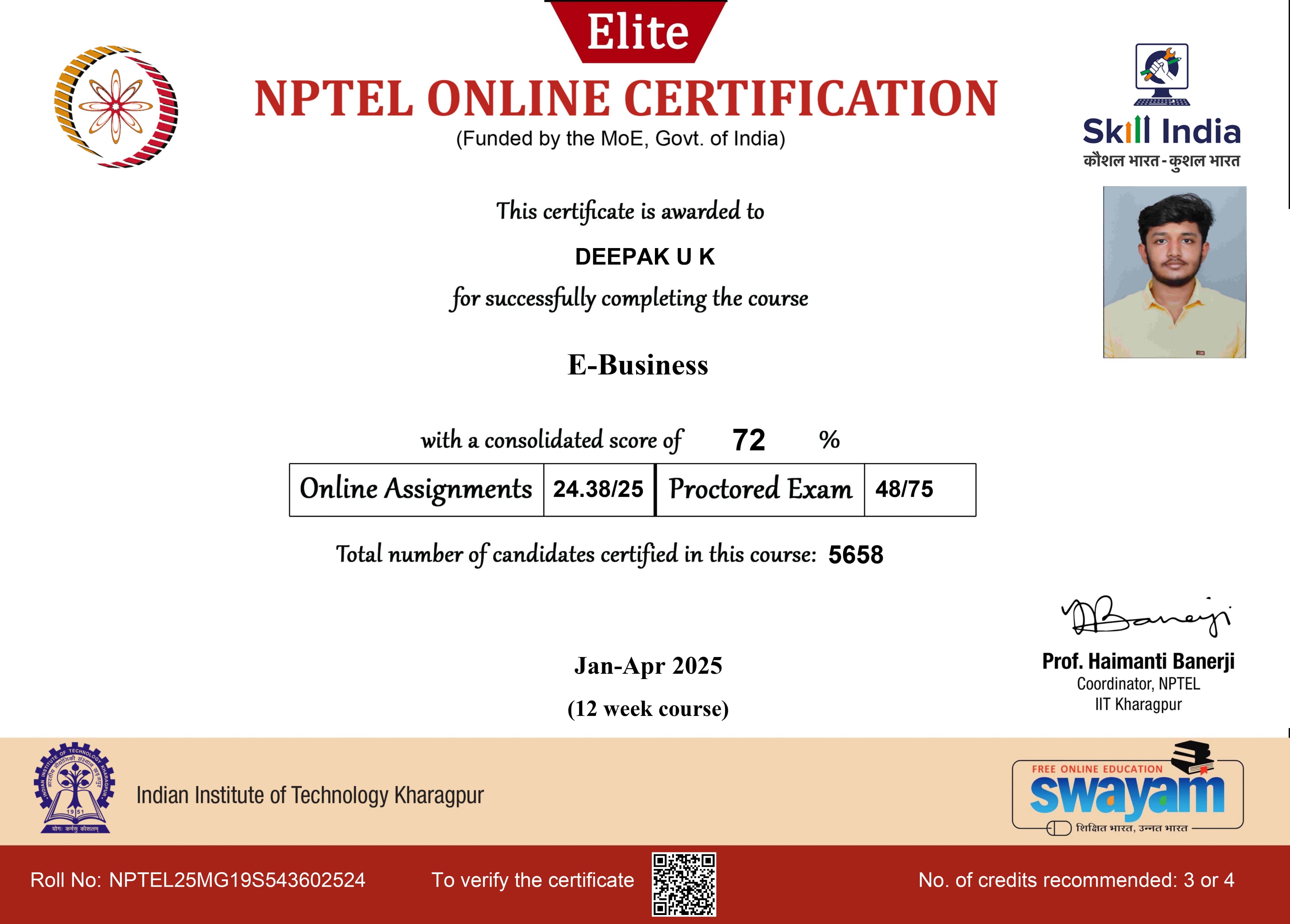 E-Business certificate from NPTEL IIT Kharagpur